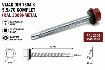 VIJAK DIN 7504 K 5,5x70 KOMPLET (RAL 3009)-METAL